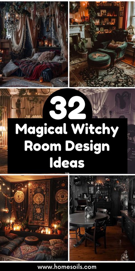 Explore 32 magical witchy room design ideas that blend whimsy and style for an enchanting atmosphere. Transform your space into a mystical retreat—find all the inspiration on our site! Living Room Witchy Decor, Witchy Basement Ideas, Witches Room Aesthetic, Witchcore Living Room, Witchy Aesthetic Living Room, Witchy Mobile Home, Witchy Office Ideas, Magical Room Ideas, Altar Room Ideas