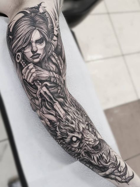 Witcher Tattoo, Fenrir Tattoo, Chicano Tattoos Sleeve, Biomechanical Tattoo, Warrior Tattoos, Norse Tattoo, Fire Tattoo, Egyptian Tattoo, Hand Tattoos For Women