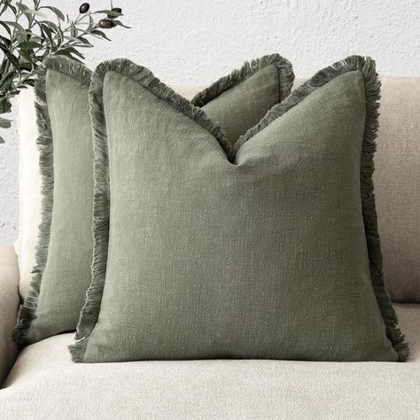 Buy Set of 2 Decorative Linen Fringe Throw Pillow Covers Cozy Boho Farmhouse Cushion Cover with Tassels Soft Accent Pillowcase for Couch Sofa Bed Living Room Home Decor,18×18 Inch,Olive Green at Walmart.com Cozy Boho Farmhouse, Sofa Bed Living Room, Bed Living Room, Fringe Throw, Chair Sofa Bed, Fringe Pillows, Farmhouse Boho, Boho Cushions, Natural Linen Fabric