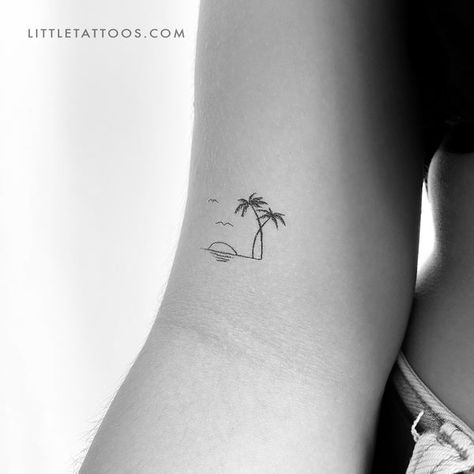 Tropical Sunset Temporary Tattoo - Set of 3 – Little Tattoos Mini Florida Tattoo, Tropical Island Tattoo, Wrist Beach Tattoo, Turtle Palm Tree Tattoo, Turks And Caicos Tattoo, Vacation Tattoos Small Beach, Small Tattoo Ideas Beach, Beach Vacation Tattoo Ideas, Tattoos About The Ocean