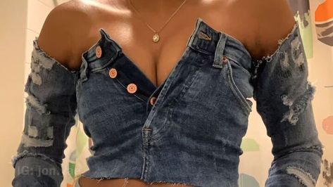 Top Made Out Of Jeans, Diy Denim Top From Old Jeans, Top Made From Jeans, Tops Made From Jeans, Denim Top Diy Old Jeans, Diy Jean Top, Diy Old Jeans Refashioning, Upcycle Clothes Jeans, Upcycle Jeans Refashioning