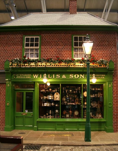 Willis & Son miniature Victorian shop Old Store Fronts, Antique Shop Aesthetic, Victorian Market, Bookshop Ideas, Victorian Logo, Dolls House Shop, Victorian Gardens, Shop Facade, Victorian Mansion