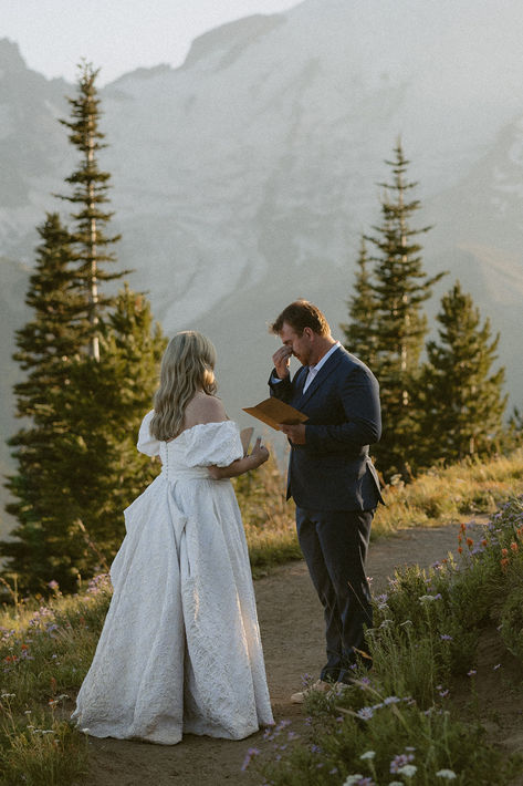 Intimate elopement vow reading moments at Mt. Rainier National Park!! If you love this mountain elopement location as much as I do, visit the link to inquire with me about your PNW adventure elopement photography!! PNW Elopements. PNW Weddings. Dreamy Elopements. Mt Rainier National Park, National Park Elopement, Intimate Elopement, Park Elopement, Mt Rainier, Rainier National Park, Mountain Elopement, Elopement Locations, Adventure Elopement