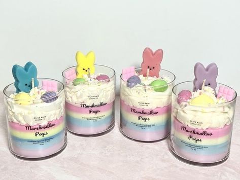 Olive Rain Candle Co. on Instagram: "Marshmallow Peeps Pastel Candles - only 4 available!! Smells like Sugary Marshmallow Vanilla Goodness! #marshmallowpeeps #marshmallow #peeps #eastercandle #pastel #candlelover #candles #easter #eastereggs #candle #candleshop #candlesofinstagram" Easter Candles Diy, Easter Candles Ideas, Candles Dessert, Diy Bougie, Pastel Candles, Marshmallow Candle, Rain Candle, Wax Melts Packaging, Candle Making Recipes