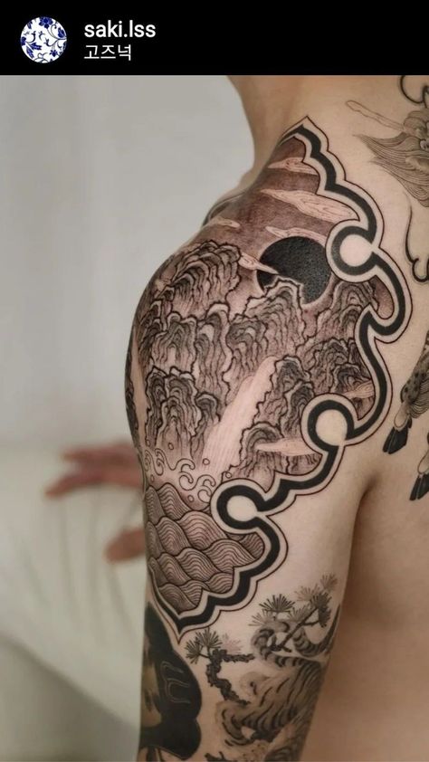 Porcelain Mountain Tattoo by Saki Traditional Korean Tattoo Design, Korean Tattoo Style, Korean Sleeve Tattoo, Porcelain Style Tattoo, Korean Tattoo Sleeve, Korean Traditional Tattoo, Tattoo Korean Style, Korean Flower Tattoo, Korean Style Tattoo