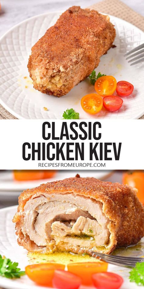 Classic Chicken Kiev - Recipes From Europe Chicken Keiv Recipe, Chicken Kiev Recipe, Chicken Kiev, Breaded Chicken Breast, Breaded Chicken, Herb Butter, Delicious Chicken, Classic Dishes, Yum Yum Chicken