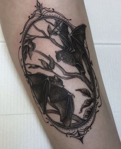 Gothic Bat Tattoo, Bat Tattoo Gothic, Bats Tattoo Design, Framed Tattoo, Goth Tattoo, Bat Tattoo, Spooky Tattoos, Gothic Tattoo, Thigh Tattoos Women