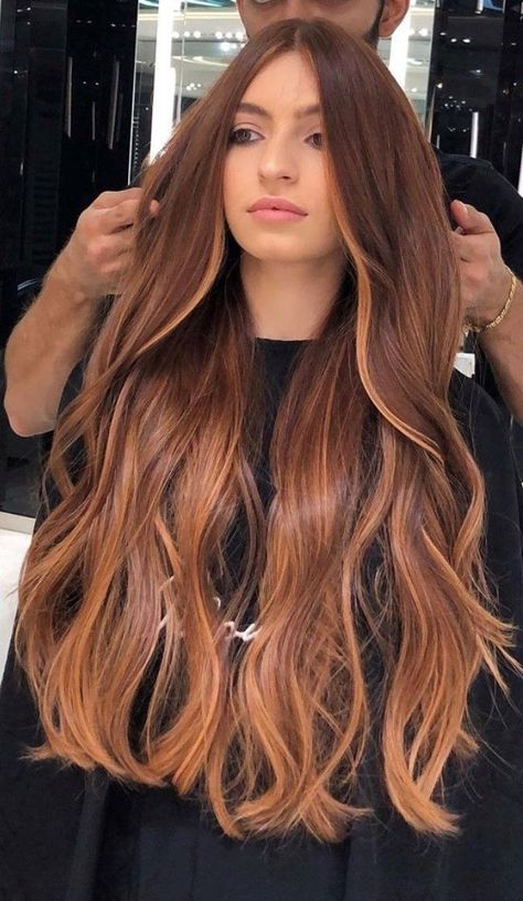 Long Hair With Layers Long Bangs, Red Brown Chestnut Hair, Auburn Balayage Long Hair, Quirky Romantic Style, Copper Brown Balayage With Money Piece, Brown To Red Hair Balayage, Cobre Hair Color, Dark Copper Hair Balayage, Highlights For Reddish Brown Hair