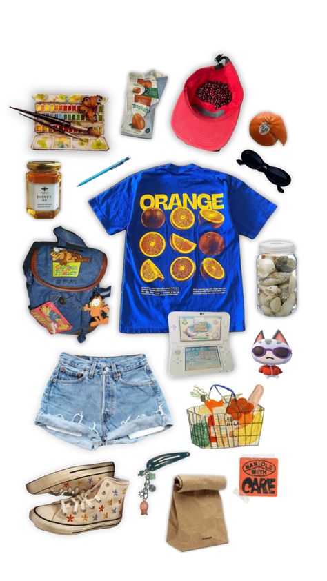 #outfitinspo #outfitideas #blue #red #orange #yellow #denim #fruit #grocerystore #summer #outfit #beauty #aesthetic Yellow Denim, Beauty Aesthetic, 2000s Outfits, Earthy Outfits, Outfits Y2k, Red Orange Yellow, Y2k Outfits, Cool Fits, Swaggy Outfits