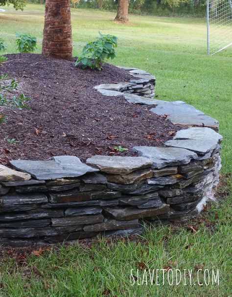 DIY Stacked Stone Tutorial. Great photos and how-to. #landscaping #gardens #stackedstone #stone #diy #hydrangea #palm Flagstone Garden, Diy Hydrangea, Stone Flower Beds, Pace Yourself, Stone Walls Garden, Stacked Stone Walls, Stone Landscaping, Garden Border, Phase One