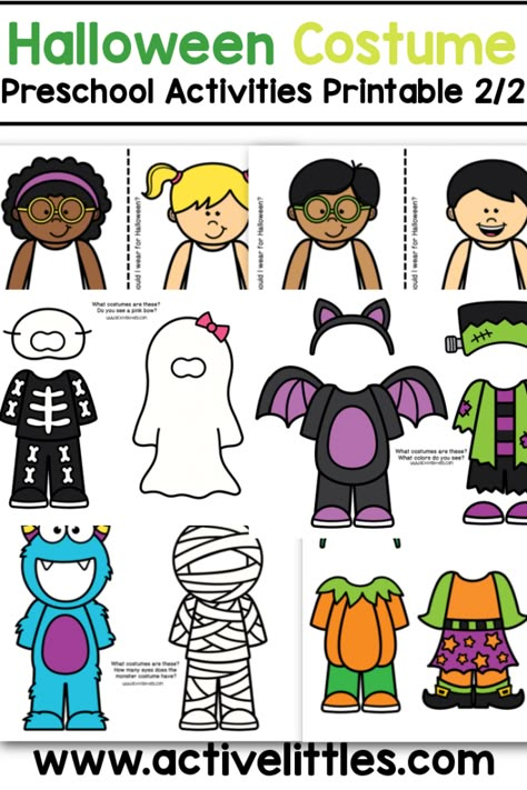 halloween costume preschool activities printable Preschool Paper Dolls Free Printable, Halloween Candy Activities For Kids, Halloween Social Studies Preschool, Halloween Large Group Activities, Halloween Classroom Activities Preschool, Preschool Halloween Dramatic Play, Dramatic Play Halloween Preschool, Pajama Preschool Activities, Halloween Week Activities Preschool