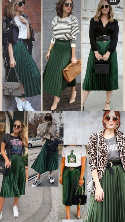 Charcoal Skirt Outfit, Green Skirt Work Outfit, Pleated Leopard Skirt Outfit, Pleated Skirt Office Outfit, Silk Pleated Skirt Outfit, Bottomless Brunch Outfit Ideas, Green Skirt Outfit Ideas, Green Skirt Outfits, Green Pleated Skirt