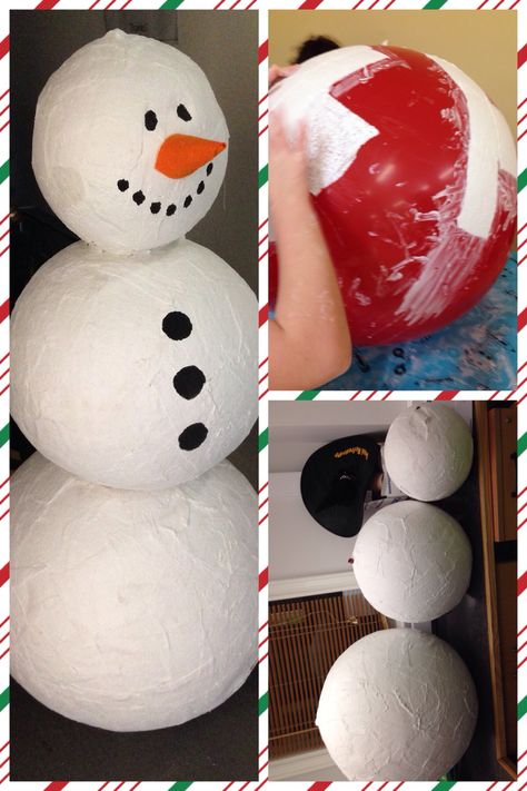 DIY Christmas Snowman craft. Made using giant balloons from eBay (punch balloons will also work) covered in mod rock/plaster of Paris/ paper mâché. Glued together with glue gun and painted. He was massive! About 5 ft but you could do a miniature one, maybe with water balloons? Diy Christmas Snowman, Diy Christmas Decor Ideas, Diy Christmas Decor, Candy Land Christmas Decorations Outdoor, Christmas Float Ideas, Craft Christmas, Diy Snowman, Snowman Decorations, Snowman Crafts