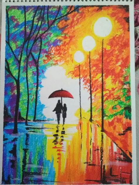 #oil pastels couple scenery by Veronica Thakur Oil Pastels Art Ideas, Pastel Drawings Ideas, Durga Puja Drawing, Wax Crayon Art, Oil Pastel Techniques, Barcode Tattoo, Pastel Drawings Easy, Pastel Techniques, Anime Canvas Painting