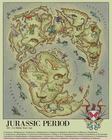 Jurassic Park Map, Eclectic Homeschooling, Triassic Period, Medieval Bestiary, Journal Designs, Jurassic Period, Dinosaur Pictures, Pictorial Maps, Prehistoric World