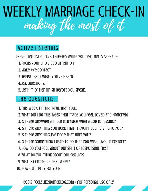 Use these marriage check in questions for your next marriage check up. Whether you have a daily, weekly, or monthly checkup, these insightful questions will be useful. To learn how to have a marriage checkup with your spouse, just click on the image for my step-by-step guide. #marriage #strongmarriage Marriage Ideas Things To Do, Improving Communication In Marriage, Couples Weekly Check In, Communication Tips Couples, Better Communication Marriage, How To Improve Marriage, Weekly Couple Check In, Marriage Questions Communication, Dating In Marriage