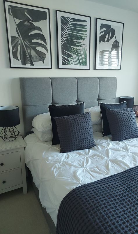 Grey Bedframe Room Ideas, Black White And Grey Bedroom, Grey Headboard Bedroom, Black And Grey Bedroom, Diy Room Decor Ideas, Interior Design Living Room Modern, Grey Bed Frame, Grey Bedroom Decor, White Room Decor