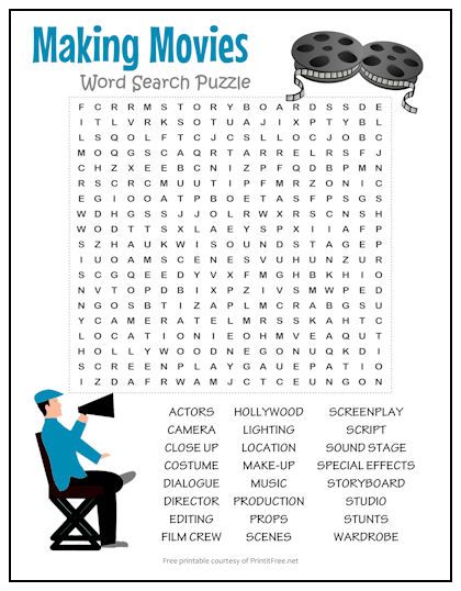 Movie enthusiasts of all ages will enjoy this free printable word search covering everything film-related. 24 words and terms include storyboard, film crew, makeup, screenplay, and more. Makes a great rainy-day activity! Wordsearches For Adults Free Printable, Movie Word Search, Movie Activities, Storyboard Film, Camp Themes, Summer Camp Themes, Word Search Puzzles Printables, Film Class, Free Printable Word Searches