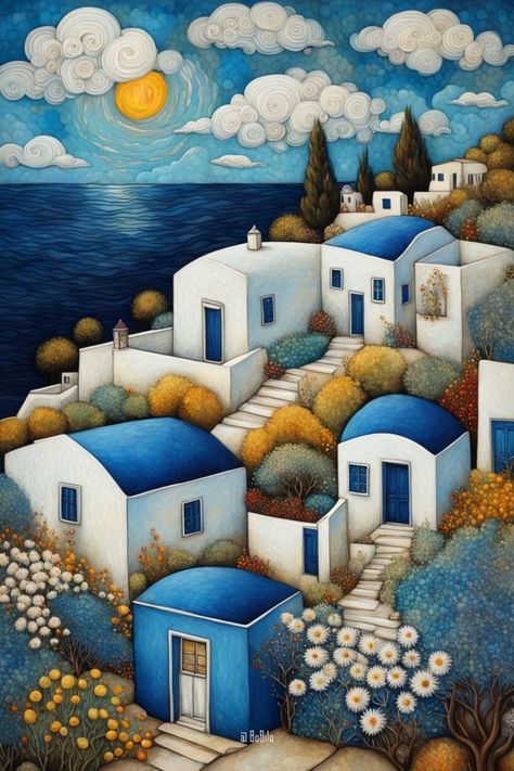 Art Style Painting, Boho Art Painting, Primitive Painting, Beach Art Painting, Naive Painting, Arte Folk, Canvas Art Decor, Art Village, Santorini Island