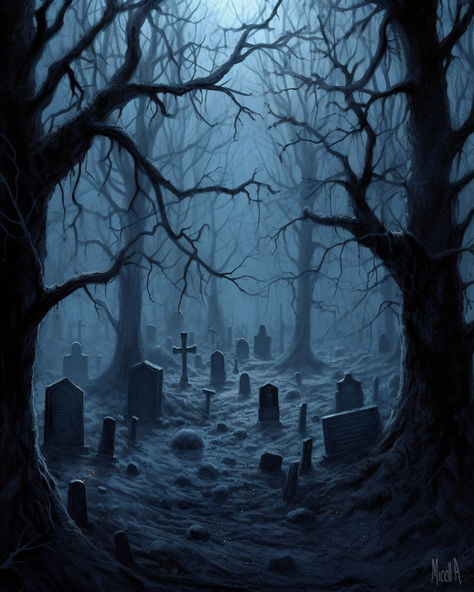 Artist ~ Micell A. Cemetary Statues Cemetery Art, Cemetery Painting Easy, Cemetary Decorating Ideas, Goth Scenery, Grave Yard Drawing, Grave Painting, Horror Scenery, Cemetery Drawing, Forest Graveyard