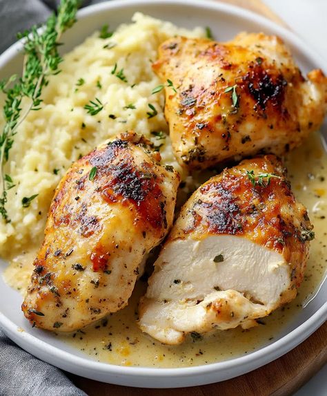 Herb Chicken Recipe - sandyrecipes.com Herb Chicken Breast, Herb Chicken Recipes, Rosemary Recipes, Lemon Herb Chicken, Thyme Chicken, Banana Pudding Cheesecake, Thyme Recipes, Rosemary Chicken, Herb Recipes