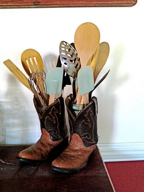 Guy Boots, Cafeteria Kitchen, Farm Kitchen Ideas, Kitchen Utensils Holder, Western Kitchen Decor, Western Ideas, Western Kitchen, Ball Jar, Rustic Western Decor