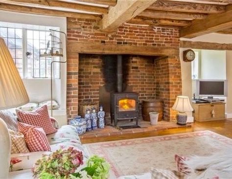 Wood Stove Hearth, Cottage Lounge, Wood Burning Stoves Living Room, Cottage Fireplace, Oak Frame House, Wood Stove Fireplace, Inglenook Fireplace, Casa Country, Cottage Living Rooms