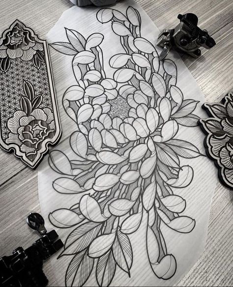 Chrysanthemum Reference, Chrysanthemum Tattoo Black, Japanese Flower Tattoo, Tattoo Japanese, On Tattoo, Chrysanthemum Tattoo, Flower Tattoo Drawings, Japanese Flower, Flower Tattoo Sleeve