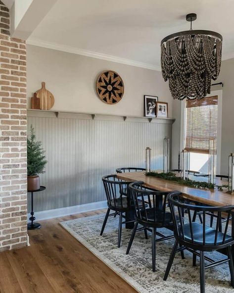 Painted Wanescoting Ideas, Wainscoting Farmhouse Style, Brick And Beadboard Kitchen, Wainscoting Beadboard Ideas, Beadboard Wainscoting Height, Beadboard Wall Shelf, Tall Beadboard Wainscoting, Bead Board Walls Dining Room, Wainscoting With Wood Trim