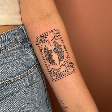 Body Branding, Tarot Tattoos, Strength Tarot Card, Witchy Tattoos, Empowering Tattoos, Strength Tarot, Tarot Card Tattoo, Tarot Tattoo, Strength Tattoo