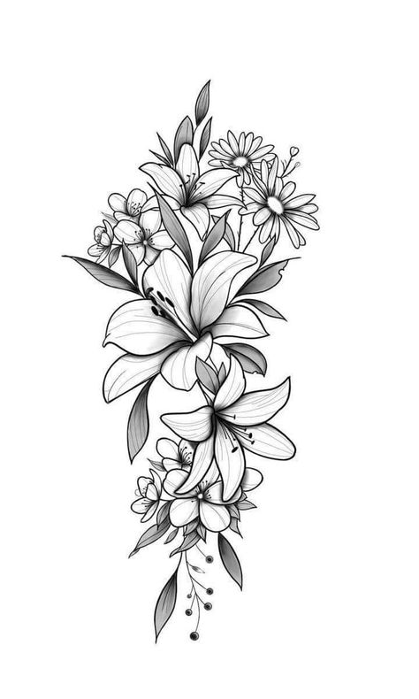 Virgo Birth Flower Tattoo, Lily Flower Tattoos Shoulder, Lily Tattoo Shoulder, Front Thigh Tattoos, Unique Half Sleeve Tattoos, Floral Tattoo Shoulder, Floral Thigh Tattoos, Tattoos For Women Flowers, Tattoos For Women Half Sleeve