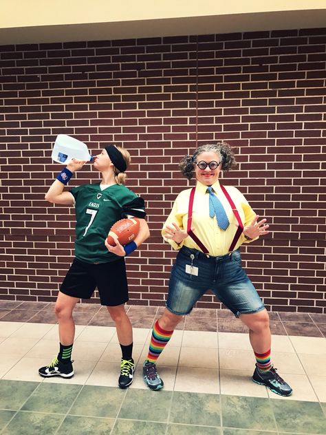 Athlete vs Mathlete (Nerd) Costume Theme Day Athlete Costume, Sports Day Outfit, Nerd Costume, Homecoming Spirit Week, School Spirit Week, Homecoming Spirit, Spirit Week Outfits, Homecoming Week, Soccer Outfits