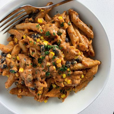 Creamy Tex-Mex Penne with Black Beans & Corn (vegan) Blood Type A Diet, Easy Recipe For Kids, Type A Diet, Bean Pasta Recipes, Protein Vegan Meals, High Protein Vegan Meals, Black Bean Pasta, Easy Vegan Pasta, Chipotle Black Beans