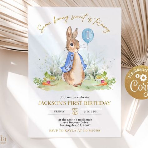 Editable Peter Rabbit Birthday Invitation Boy Bunny Peter - Etsy Australia Peter Rabbit First Birthday, Peter Rabbit 1st Birthday, Bunny 1st Birthday, Peter Rabbit Birthday, Peter Rabbit Party, Rabbit Birthday, 1st Birthday Invite, Easter Bunny Girl, 1st Birthday Girl