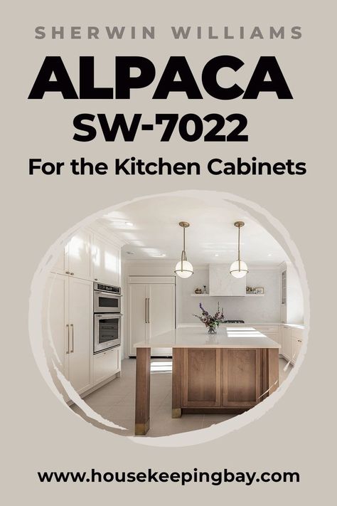 Alpaca SW-7022 by Sherwin Williams for the Kitchen Cabinets. Shall you paint your kitchen cabinets with Alpaca? Definitely, you shall! This color will look perfect on your kitchen cabinets, especially if paired with white or light neutral walls. But if you have similar neutrals applied on the walls, be careful with Alpaca since it may simply get lost in front of them! Read more about Alpaca SW-7022 by Sherwin Williams for the Kitchen Cabinets in our blog. Sherwin Williams Alpaca, Alpaca Sherwin Williams, Neutral Kitchen Cabinets, Greige Kitchen Cabinets, Taupe Kitchen Cabinets, Neutral Cabinets, Paint Your Kitchen Cabinets, Taupe Paint Colors, Greige Kitchen