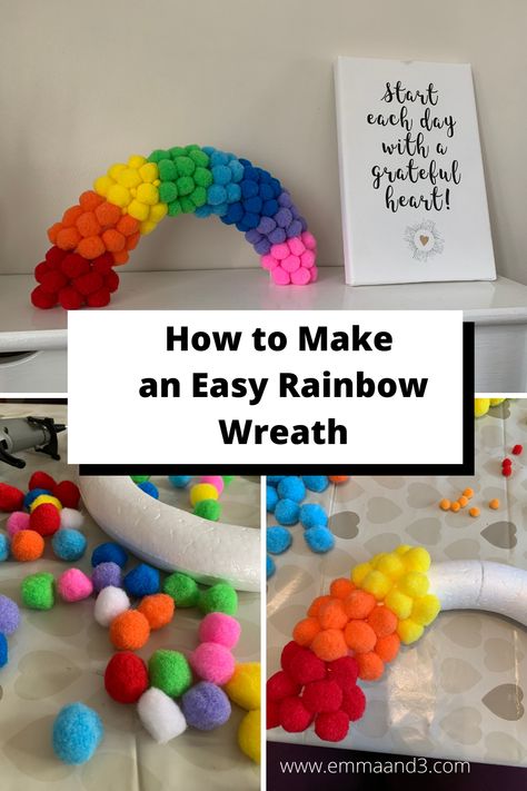 Are you looking for rainbow craft ideas for your front door or windows? This super easy tutorial to make a hanging rainbow wreath for kids uses pom poms and glue and makes minimal mess! Lots of fun for a DIY craft activity for home learning for teens and primary school kids. Pride Activities For Teens, Diy Rainbow Decor, Diy Pride Crafts, April Decorations, Rainbow Wreath Diy, Rainbow Craft Ideas, Diy Rainbow Decorations, Rainbow Diy Crafts, Pride Crafts