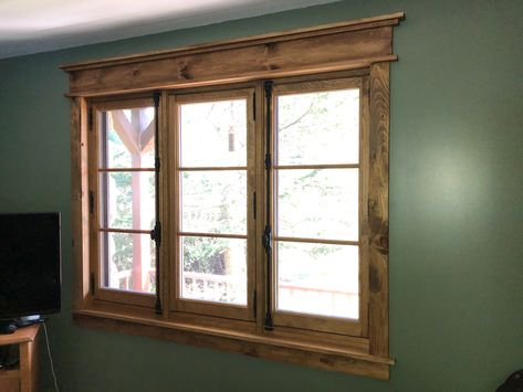 Knotty Alder Window Casing, Cedar Framed Windows, Window Trim Interior Farmhouse, Stained Wood Window Trim, Natural Wood Window Trim, Window And Door Trim Ideas, Bunkie Decor, Wooden Window Trim, Rustic Trim Ideas