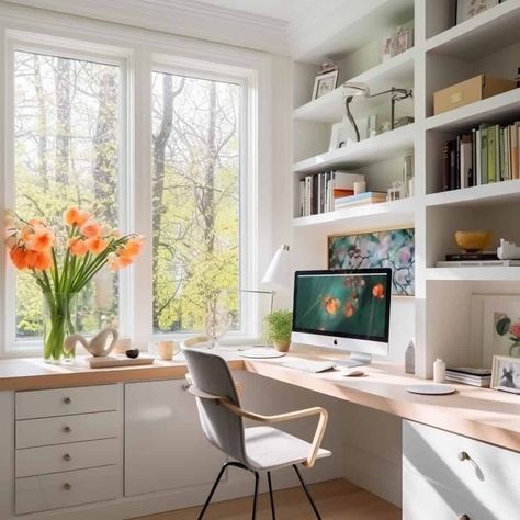 Home Office Desk Under Window, Small Home Office Design, Ergonomic Furniture, Ergonomics Furniture, Small Home Offices, Home Library Design, Office Inspo, House Office, Small Home Office