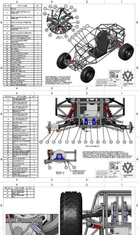 "Build your own extreme off-road long-travel buggy. Plans are based on Polaris donor parts. The plans are complete and include a BOM (bill of materials) with sourcing recommendations. These plans include 2 design variations, the Mark I and the Mark II. The Mark I plans utilize Polaris Sportsman rear axles with 8\" of travel while the Mark II plans utilize Polaris Razor rear axles with 16\" of travel. Plans are designed around the Polaris Predator 500cc engine. If you wish to use a different donor motor some customization of the plans will be needed." Go Kart Off Road, Buggy Design, Diy Off Road Go Kart, Off Road Buggy Plans, Off Road Buggy Plans 4x4, Go Kart Frame Plans, Bill Of Materials, Go Kart Frame, 150cc Scooter