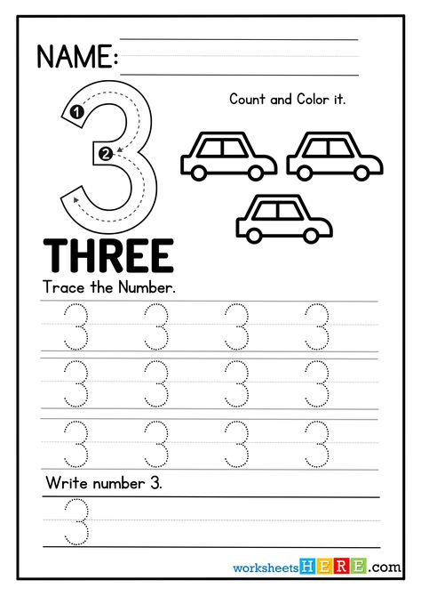 Tracing Numbers Activity, Number 3 Trace, Count and Color PDF Worksheet For Kindergarten - WorksheetsHere.com Number 3 Worksheet Preschool, Number 3 Worksheet, Number Writing Worksheets, Numbers Activity, Kindergarten Coloring, Pre K Curriculum, Worksheet For Kindergarten, Preschool Number Worksheets, Tracing Numbers