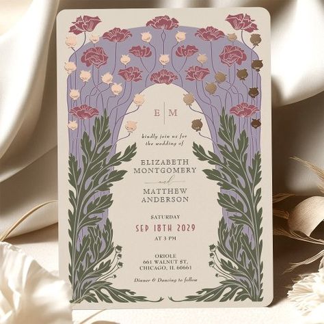 Green White Purple Wedding, Purple Wedding Invite, Green And Purple Wedding Invitations, Ethereal Wedding Invitations, Nouveau Wedding Invitations, Wedding Invitations Purple, Rose Gold Foil Invitations, Art Nouveau Wedding Invitation, Vintage Floral Wedding Invitations