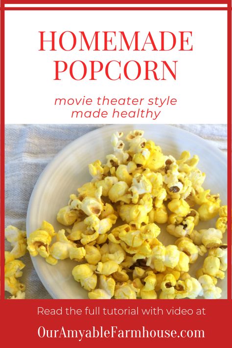 How to make homemade healthy popcorn at home, movie theater style. Free from those toxic, hydrogenated oils and artificial flavors and colors. #homemade #popcorn #healthy #movietheaterpopcorn #stovetop Homemade Movie Theater Popcorn, Movie Theater Popcorn At Home, How To Make Movie Theater Popcorn, Popcorn Healthy, Homestead Family, Modern Homemaking, Pantry Basics, Popcorn At Home, Theater Popcorn