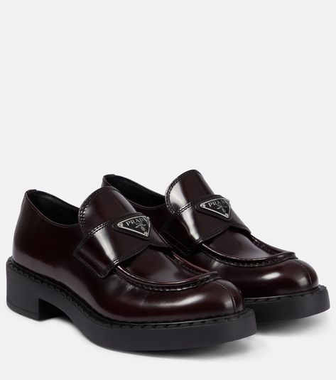 Logo Leather Loafers in Brown - Prada | Mytheresa Prada Loafers, Brown Loafers, Luxury Women Fashion, Black Loafers, Deep Brown, Shop Logo, Leather Loafers, Luxury Shoes, Loafer Shoes