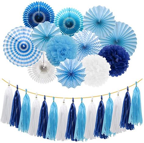 Meiduo Blue Party Decorations Hanging Paper Fans Pom Poms Flowers Tissue Tassel Garland for Elephant Shark Theme Kids Birthday Baby Shower Graduation : Home & Kitchen 17th Birthday Party Ideas, White Party Theme, Tissue Tassel Garland, Wonderland Party Decorations, White Party Decorations, Boys Birthday Party Decorations, Blue Party Decorations, Rose Gold Party Decor, Pom Pom Flowers