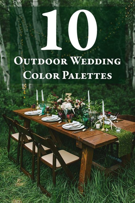 Spice up that natural venue with one of these 10 eye-catching outdoor wedding color palettes | Image by Nhiya Kaye Photography June Forest Wedding, Lakeside Wedding Colors, Campground Wedding Decorations, Forest Wedding Colors Palette Summer, Mountain Wedding Theme Ideas, Woodsy Wedding Colors, Outdoor Wedding Color Palette, Backyard Wedding Colors, Outdoor Wedding Color Schemes