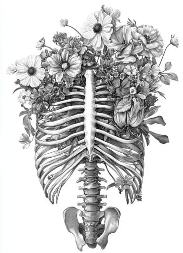 ↑↑↑ Larger size on website 🔸 A detailed pencil drawing of a human ribcage and spine with a vibrant bouquet of flowers growing fro 🔸 From Midjourney AI Image Ribcage With Flowers Tattoo, Ribs With Flowers Drawing, Flowers Growing Out Of Body Drawing, Ribcage Drawing, Rib Cage Tattoos, Human Rib Cage, Ribs Lorde, Ribcage Tattoo, Vibrant Bouquet