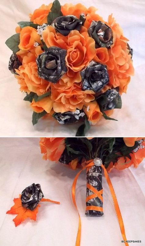 fall camo and orange wedding bouquests and groom boutonniere Camoflauge Wedding, Camo Wedding Decorations, Country Camo Wedding, Wedding Ideas Country, Camo Wedding Dresses, Camouflage Wedding, Hunting Wedding, Country Style Wedding, Camo Wedding