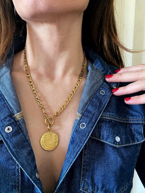 Excited to share this item from my #etsy shop: Gold coin necklace, phestos disc pendentif medallion, chunky coin necklace, ancient aesthetic coin charm necklace, Greek coin charm necklace Ancient Aesthetic, English Coins, Figaro Necklace, Gold Coin Necklace, Greek Coins, Copper Coins, Shades Of Gold, Gold Coin, Small Rings