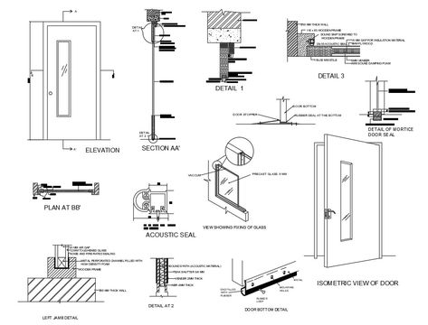 Door elevation, isometric view and installation details that includes a detailed view of wires and fences, galvanized mesh, clamps galv, aluminum couplings, amarres galv, rh place 1 into the spot and 2 in the corners, pe as reinforcement in straight sections, technical specifications, model selection, symbology details, dimensions details, joints details and much more of door installation details. Door Detail Drawing, Door Elevation, Steel Door Detail, Aluminium Door Design, Window Blocks, Detail Drawing, Fence Doors, Window Detail, School Doors