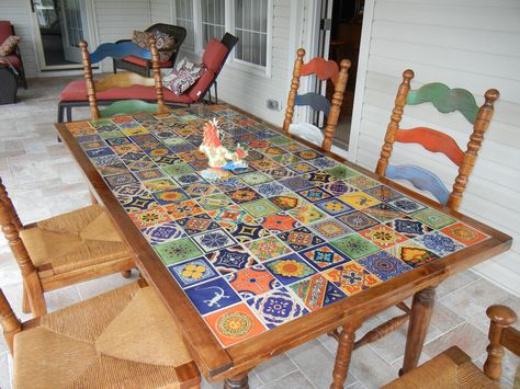 Tile Dinner Table, Mexican Tile Table, Mexican Interior Design, Painted Tables, Tile Top Tables, Mexican Table, Mexican Tiles, Mexico House, Talavera Tile